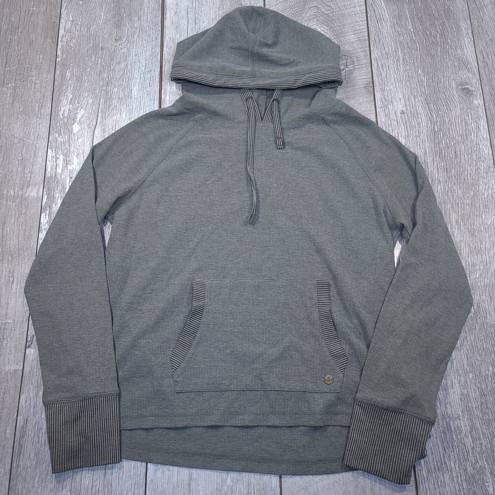 prAna Waffle Knit Hoodie Mens Size XL Green Grey Ribbed Trim 1/4 Pullover